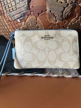 Coach Double Corner Zip Wristlet In Signature Canvas Blue and Tan